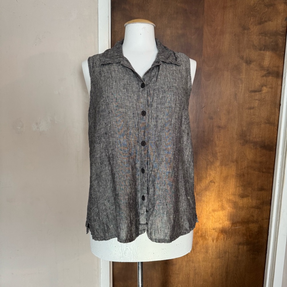 Flax Women’s 100% Linen Lagenlook Sleeveless Button Down Blouse Size Small